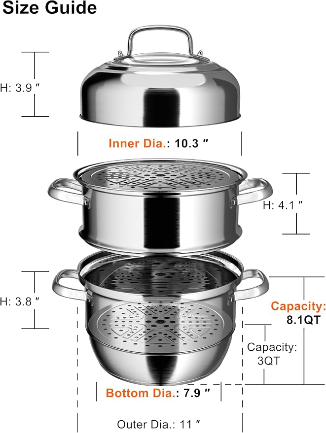 VENTION 3 Tier Induction Steamer Pot for Cooking, 11 Inch(28cm), 8.1 Qt | Stainless Steel Steamer for Cooking Tamales, Steam Pot for Dumplings and Vegetables