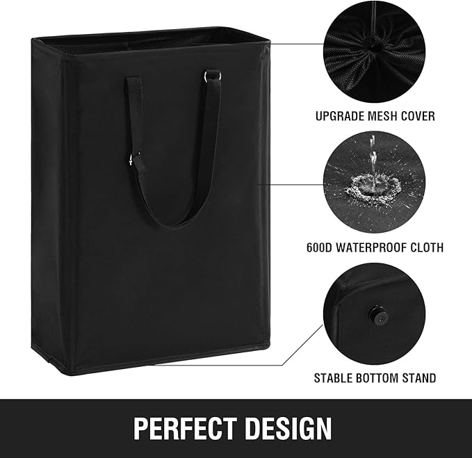 Slim Laundry Hamper with Adjustable Long Handles, 45L Small Laundry Baskets with Mesh Top, Narrow Dirty Clothes Hamper for Bedroom, Closet, and Bathroom - Black, 2 Packs