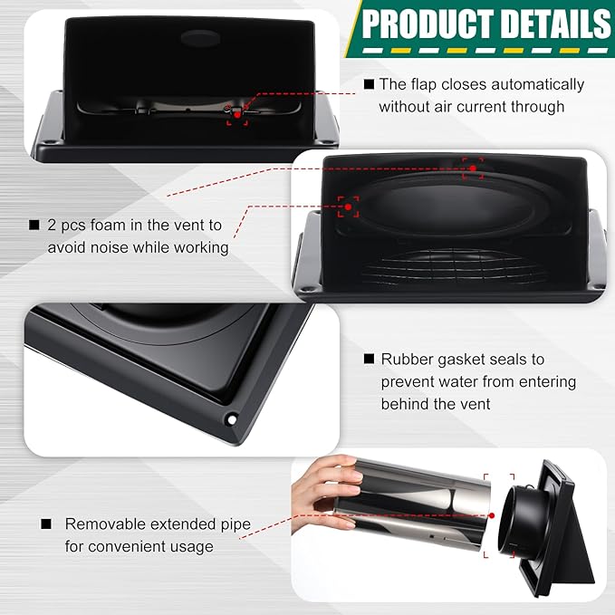 Gisafai 4" Outside Dryer Vent Cover for Exterior Walls Exhaust Vent Cap with Removable Extension Pipe Stainless Steel Hood Cushioned Non Return Flap with Sealing Gasket Grille Screen