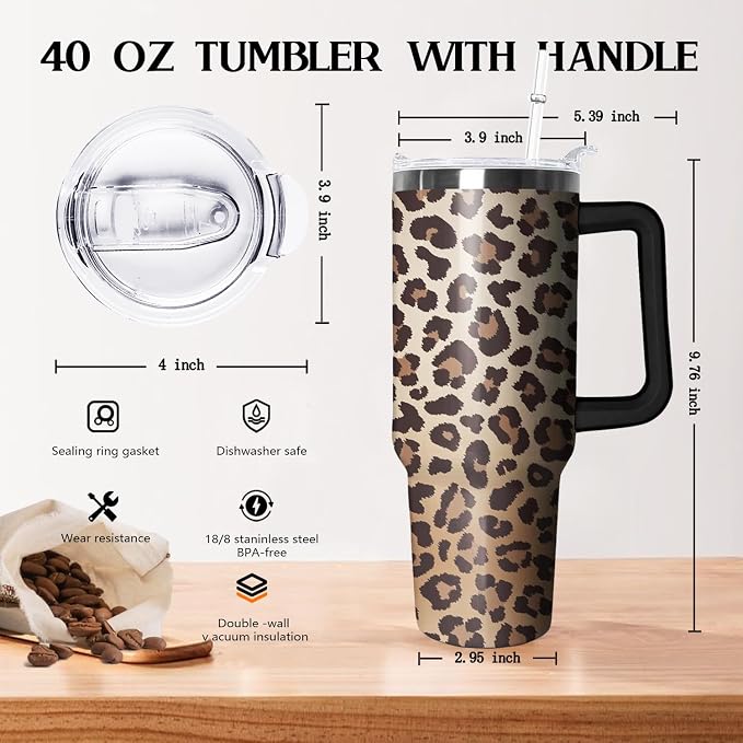 Ceovfoi 40 Oz Tumbler With Handle, Leopard Print Cheetah Coffee Travel Mug Cup, Water Bottle, Decor, Gifts for Women