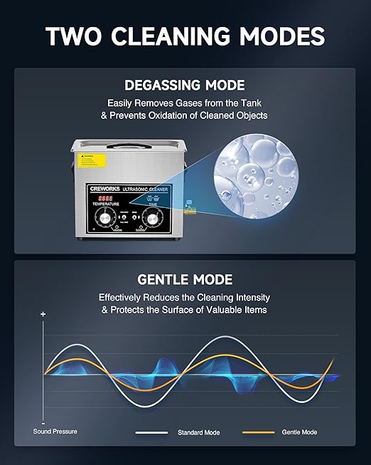 CREWORKS 6L Ultrasonic Cleaner with Heater and Timer, 180W Stainless Steel Ultrasonic Cleaner Machine with Degas & Gentle Modes, Ultrasonic Parts Cleaner with Knob Control for Jewelry Glasses Watch