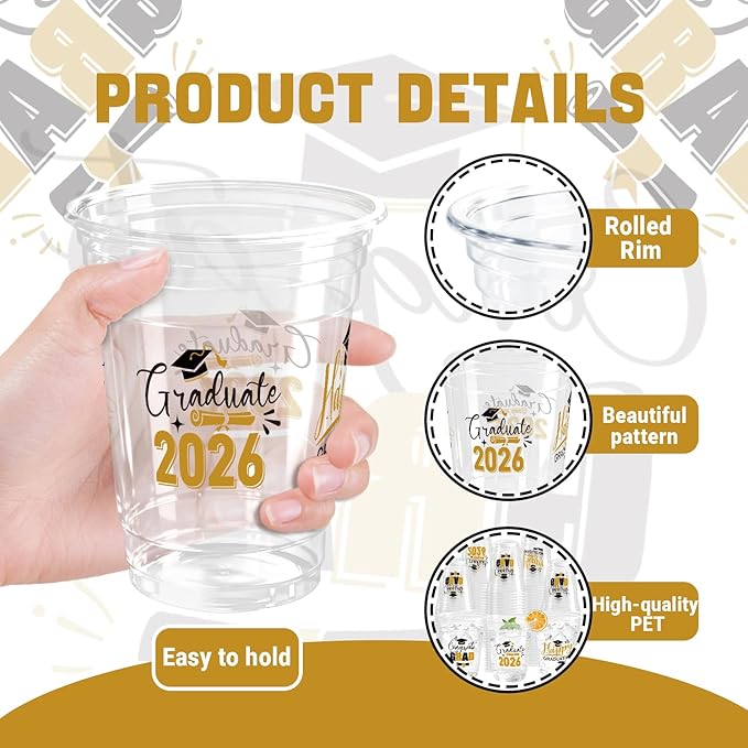 100 Pack Graduation Plastic Cups 12 oz Gold Disposable Class of 2026 Decorations Graduation Party Favor Drinking Beverage Cup for Party Supplies Decorations
