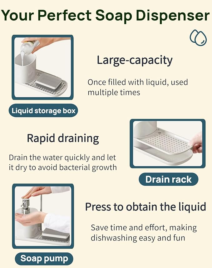 Dish Soap Dispenser & Sponge Holder 3-in-1 with Dual Pump & Drain Tray & Drying Pole - Multifunctional Kitchen Sink/Bathroom Organizer for Sponges and Hand Soap (White)