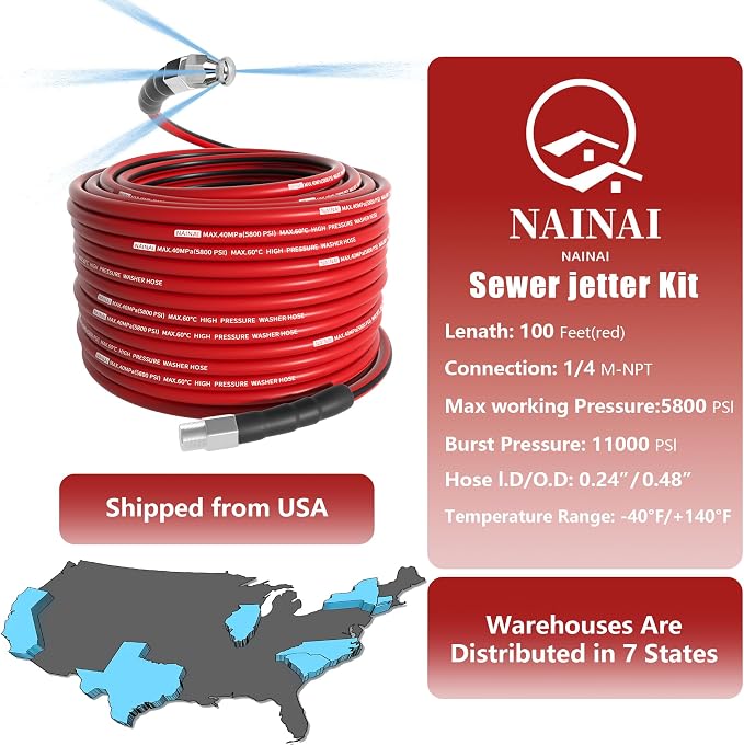 NaiNai 100FT Sewer Jetter Kit for Pressure Washer,1/4 Inch NPT Sewer Jetting Hose,Pressure Washer Drain Cleaner Hose 5800PSI with Sewer Jetter Nozzles, Gloves, Waterproof Tape, Apron (100FT)