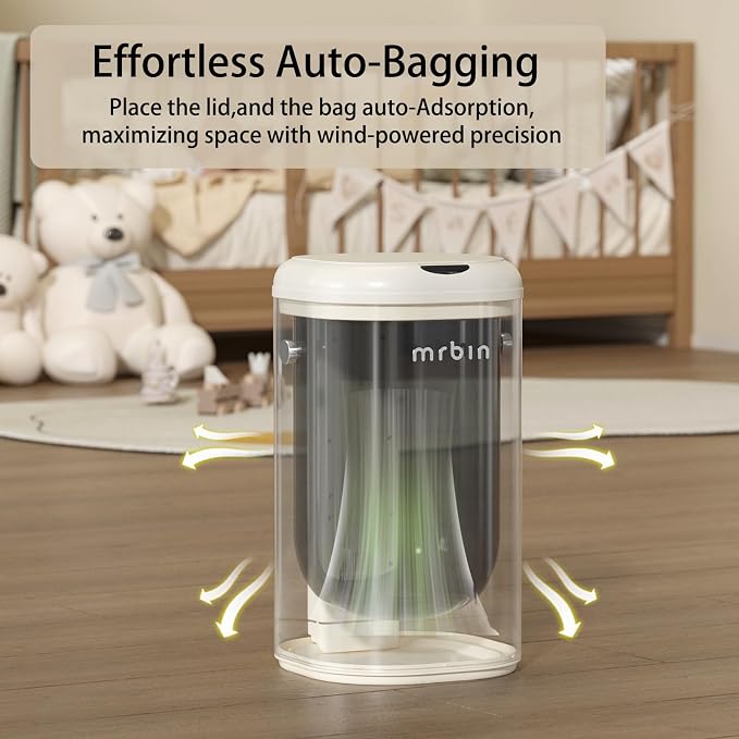 MRBIN Metal Motion Sensor Adsorption Diaper Pail Refills with Lid, 8gal / 30L Covered Touchless Square Baby Adult Trash Can, Pet Litter Garbage Bucket for Nursery Bedside, Bathroom, Toilet, White
