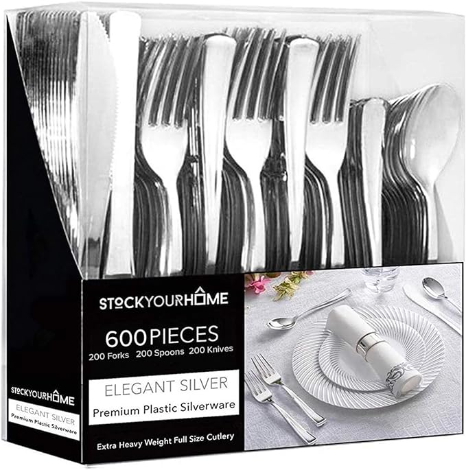 Silver Plastic Silverware Set (600-Pack) – Disposable Heavy Duty Cutlery, 200 Forks, 200 Knives, 200 Spoons for Parties, Weddings, Dinners & Holidays