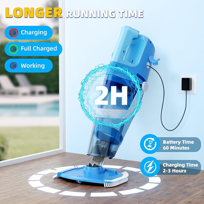 Cordless Pool Vacuum Above & Inground Pools, Powerful 1590 GPH Suction,Handheld Telescopic Pole up to 85.45", 1H Runtime, 2L Debris Bin, Rechargeable Pool Cleaner for Spas & Hot Tubs