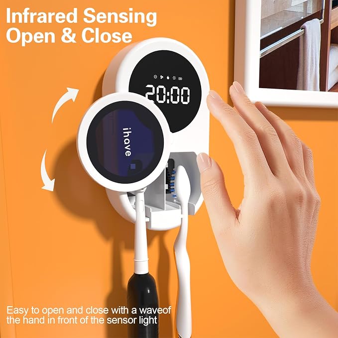 iHave UV Toothbrush Sanitizer Holder 2 Slots Wall Mounted Wave Sensor Auto | UVC+Ion 360 Dual Disinfection (No Dead Zone) • 4H Auto-Cycle (Bacteria Regrow in 4-8H) • Heat & Fan Drying • LED Time Display