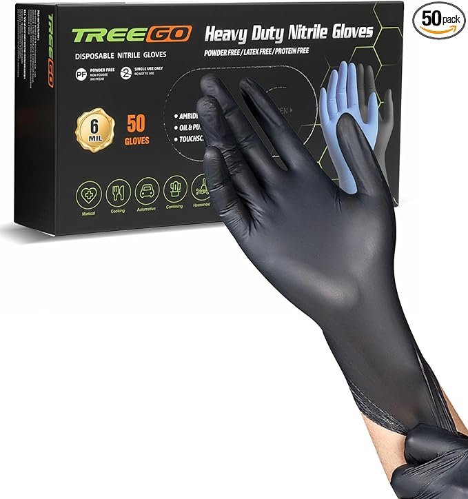 TREEGO 6 Mil Black Nitrile Gloves Large – Heavy Duty Disposable Latex & Powder Free, Chemical Resistant, Textured Grip for Mechanic, Automotive and Food Handling – 50 Count