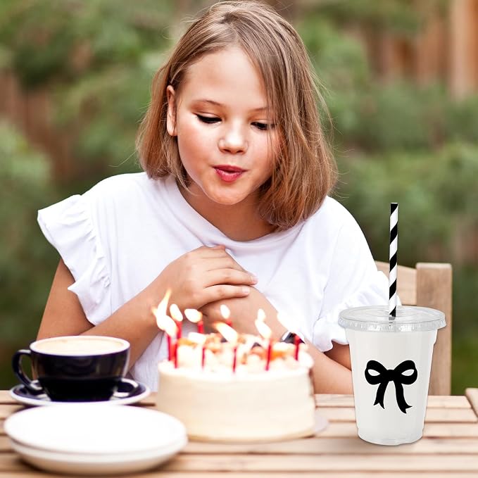 Whaline 50 Pcs Black Bow Disposable Plastic Cups with Lids and Straws 12 Oz Elegant Bow Knot Cold Beverage Drinking Cups for Wedding Birthday Bridal Baby Shower Party Supplies