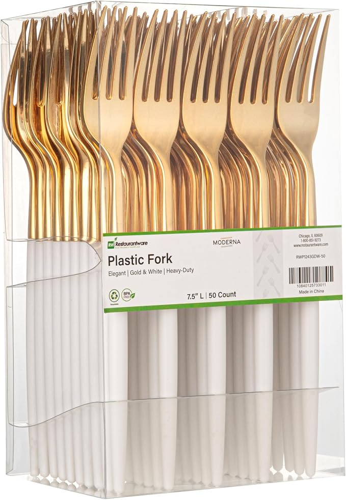 Restaurantware-Moderna 7.5 Inch Fancy Disposable Flatware, 50 Durable Plastic Flatware - With White Handle For Grip, Heavy-duty, Gold Plastic Forks, Easily Disposable Or Restaurants