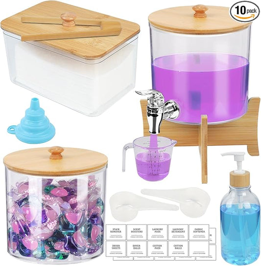Laundry Room Organization Set 12, Laundry Pods Container & Dryer Sheet Holder with Lids & Labels, Liquid Laundry Detergent Dispenser, Fabric Softener Dispenser for Detergent Powder Dryer Balls Beads