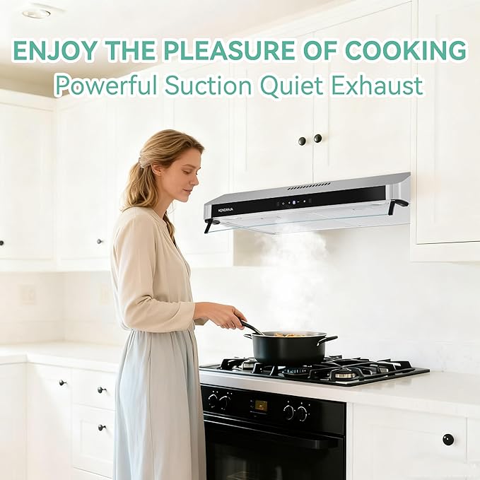 30 Inch Under Cabinet Range Hood | 400 CFM Stainless Steel | Convertible Ducted/Ductless | Touchless Gesture Control | Washable Grease Filters | 3 Speed Fan | LED Lighting - Kendraja