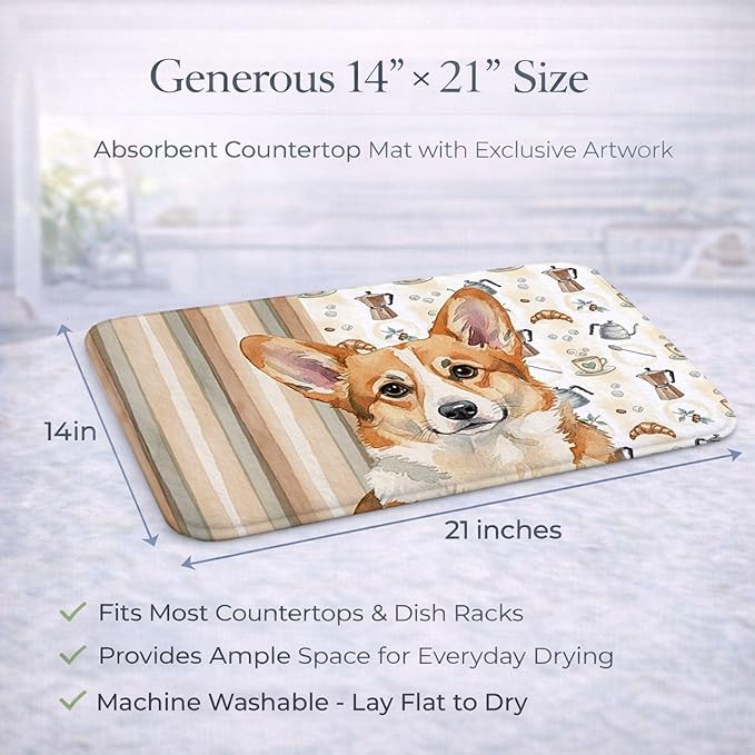 Caroline's Treasures Corgi Coffee Bar Dish Drying Mat Absorbent Dish Drying Mat Pad for Kitchen Counter Dish Drainer Mat for Countertop, 14 x 21", Multicolor