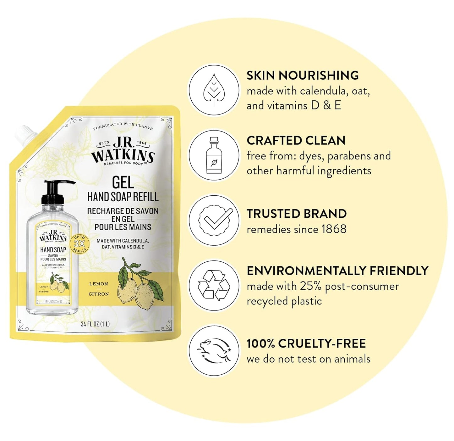 J.R. Watkins Liquid Hand Soap Lemon Refill, 34 Fl Oz