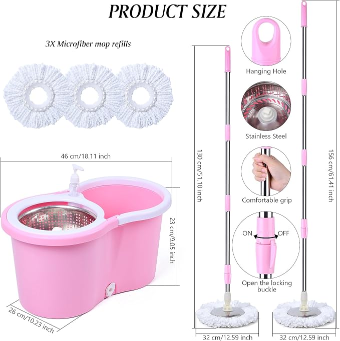 Cute Pink Mop and Bucket Set with 3 Extra Refills (Pink)
