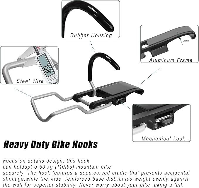 Wall Bike rack, Fits Max 3 Inch for Mountain Bike eBike, 110 lbs Weight Capacity, with Extra Helmet Hook, Modular Hook Track Design Heavy duty Wall mount Bicycle Hanger for Garage Storage