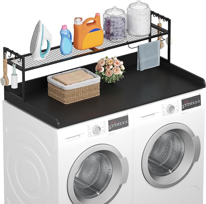 Lifewit Washer Dryer Countertop with Adjustable Shelf, Melamine Cover for The Top with Edge Rails, Towel Rack for Laundry Room Storage and Organization, Hold 200lbs, Black, 54" x 27.5"