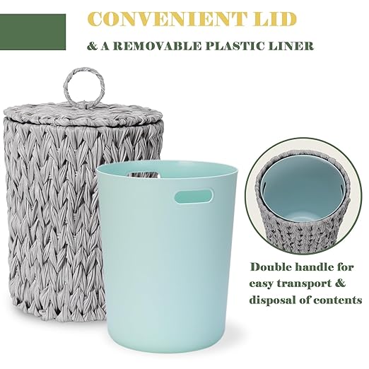 Plastic Wicker Trash Can with Lid - 2.6 Gallon Small Garbage Can with Removable Liner Bucket for Bedroom, Bathroom, Living Room - Boho Hand Woven Waste Basket for Home, Office, Grey