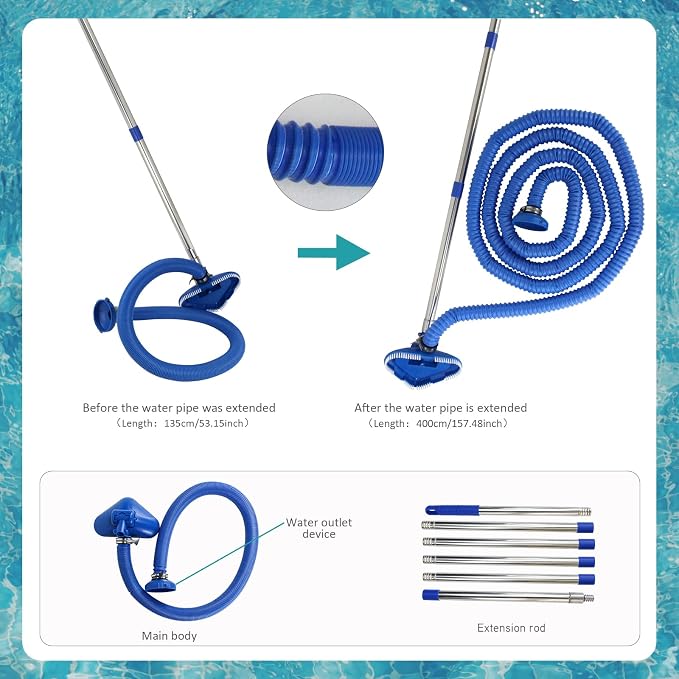 Magoog Pool Vacuum Cleaner for Smaller Pools, “Non-Electric” Power by Filter Pump, 13FT Extendable Pipe, 8FT Telescopic Pole, Vacuum Cleaner for Compact Above-Ground Pool