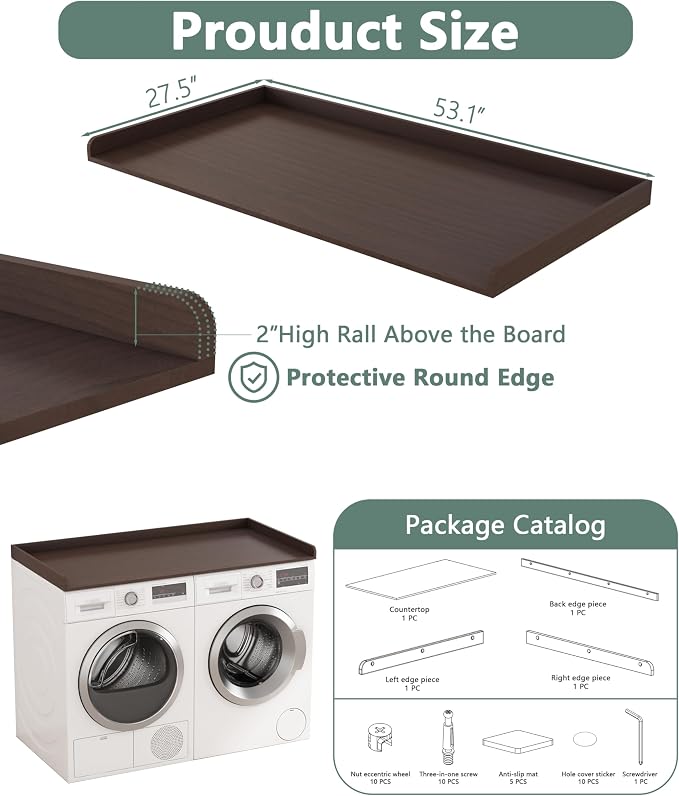 Piskyet Washer Dryer Countertop,Laundry Countertop with Edge Rails,27.5" Depth x 54" Wood Countertop For Washer and Dryer,Laundry Machine Topper for Laundry Room Organization and Storage(Walnut Color)