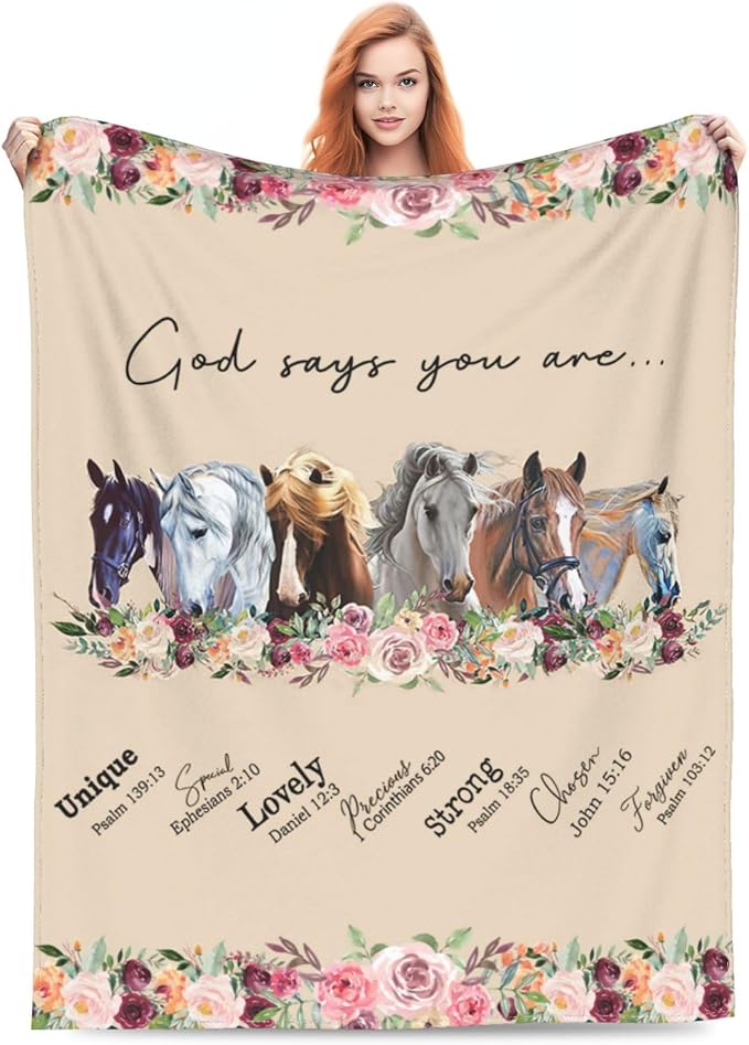 God Says You Are Horse Decor Throw Blanket - Super Warm Soft Plush Lightweight Fleece Flannel Bible Verse Blanket - Horse Gifts for Women, Girls, Boys, Men, Kids - Winter Couch Bedding - 40"X50"