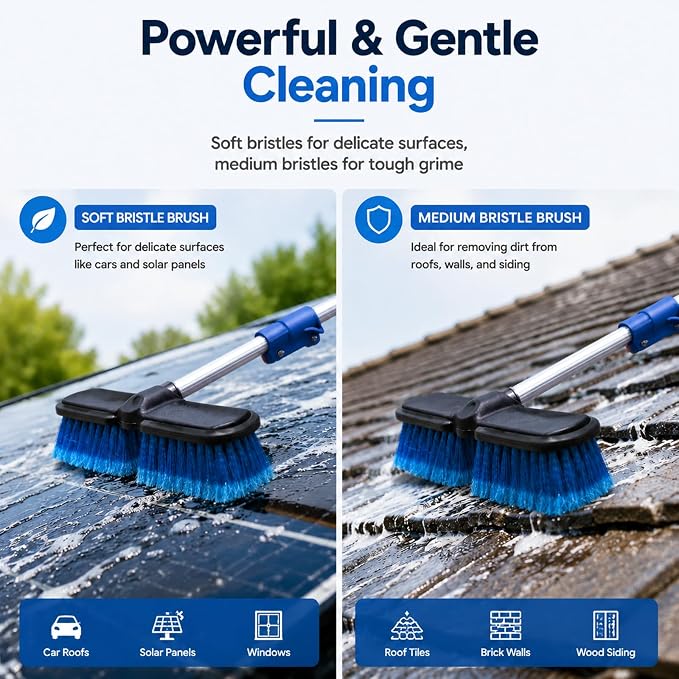 28 FT Exterior House Cleaning Brush Set with 6-21 Foot Telescoping Extension Pole, Soft Scrub Car Wash Brush, Medium Bristle Cleaning Brush and Window Squeegee & Washer