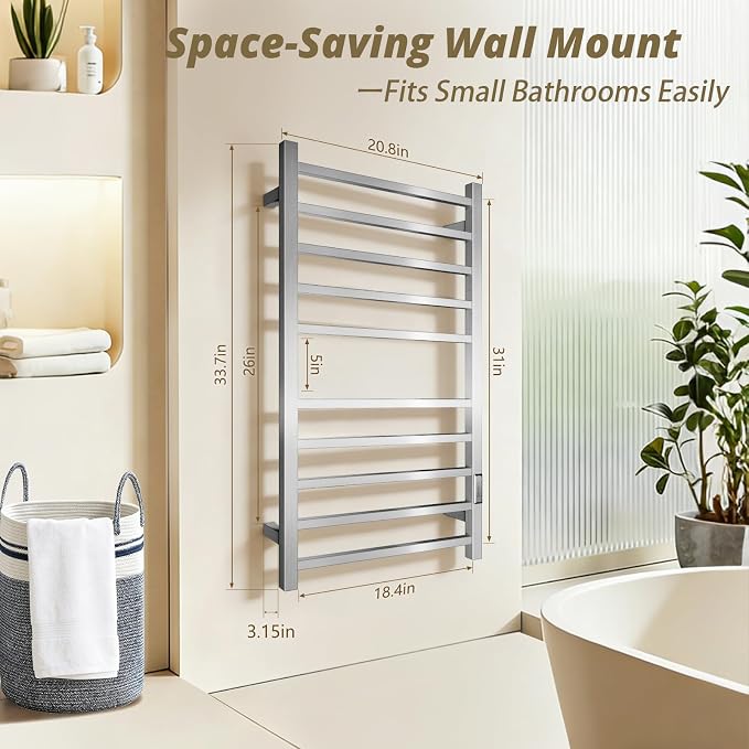 Towel Warmers for Bathroom, Heated Towel Rack Wall Mounted, 10 Bars Large Electric Hot Towel Rack with Built-in Timer, Plug-in, Fast Heating, Brushed Nickel
