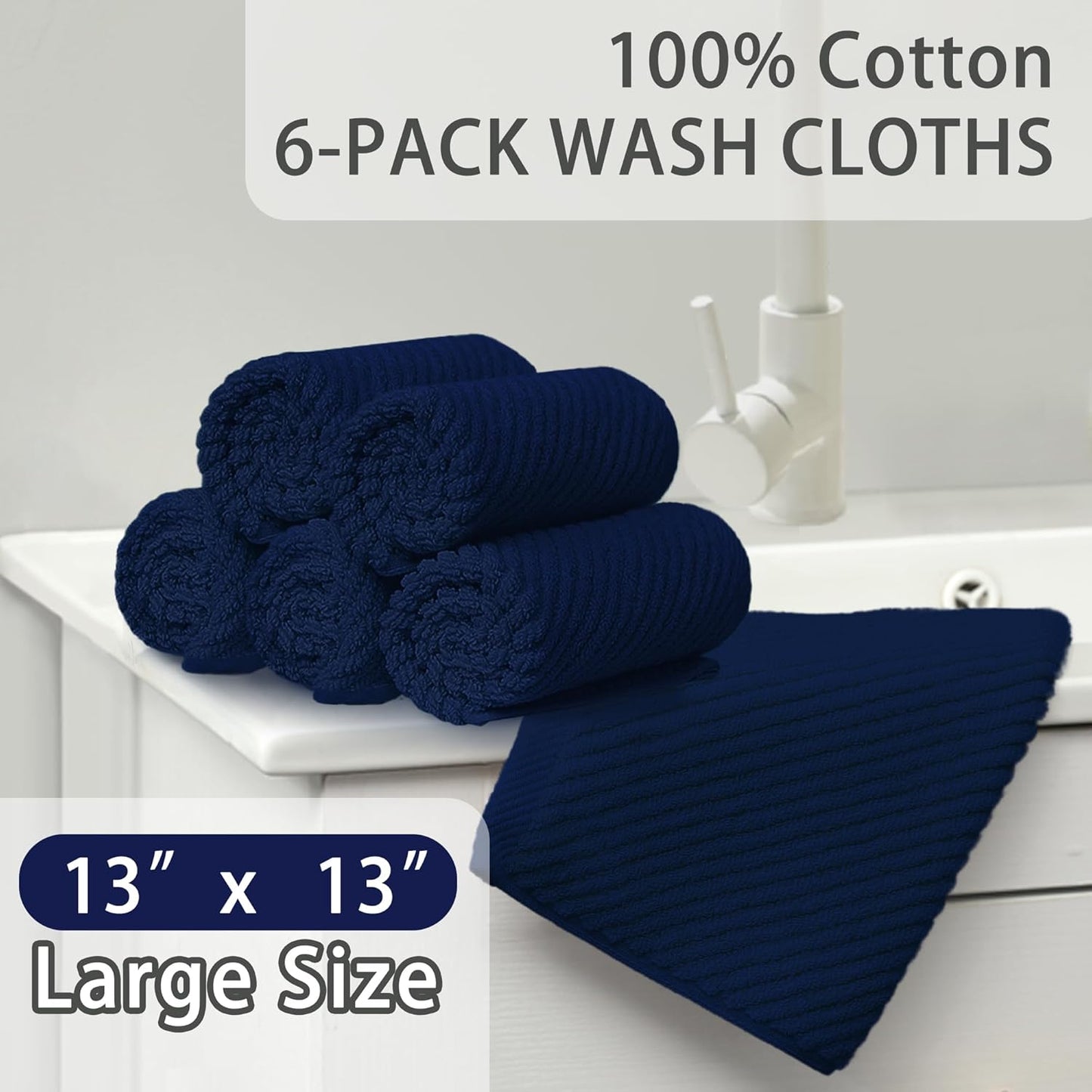 Wash Cloths for Your Face (13"x13") - 100% Cotton | Lightweight | Thick | Quick Dry | Soft | Absorbent, Hand Towels 6 Pack, Wash Cloths for Bathroom & Showering, Towel Gift Set, Navy Blue