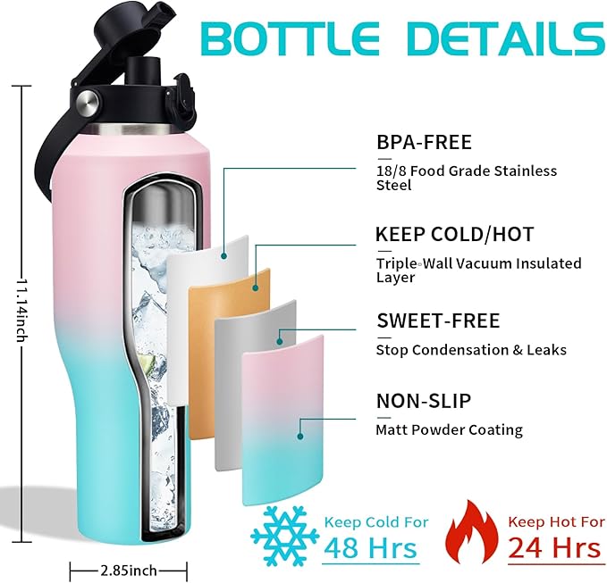 Insulated Water Bottle 40 oz - Keep Cold 48h & Hot 24h Vacuum Large Metal Insulated Tumbler Fits in The Car, Bike, Treadmill, Stroller, Golf Cart Cup Holder, Travel Coffee Mug
