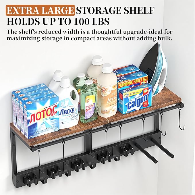 Wall Mounted Broom Holder & Utility Rack | Heavy-Duty Tool Organizer for Garage, Laundry Room & Kitchen | Space-Saving Storage with Shelf for Cleaning Supplies, Vacuums & Tools