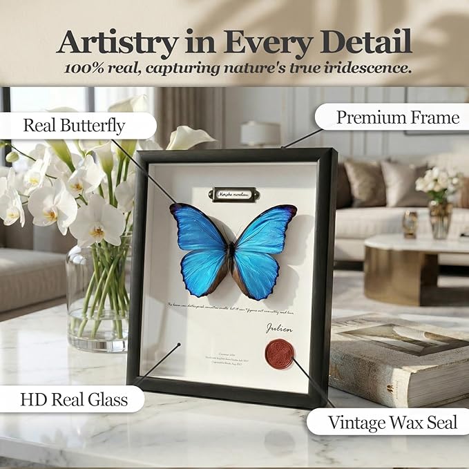 ArsVenciik Real Framed Butterfly Specimen - Preserved Blue Morpho Butterfly Taxidermy (Morpho menelaus) - 8x10 inch Shadow Box Wall Art, Unique Entomology Decor & Handmade Gift for Nature Lovers