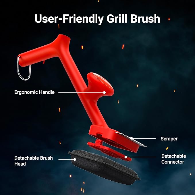 Thermomaven Grill Brush Bristle Free with 3 Replacement Brush Heads, Steam Grill Brush with Scraper, Non Metal Bristles for Cast Iron, Stainless-Steel Grates, Safe for Non-Stick Surface
