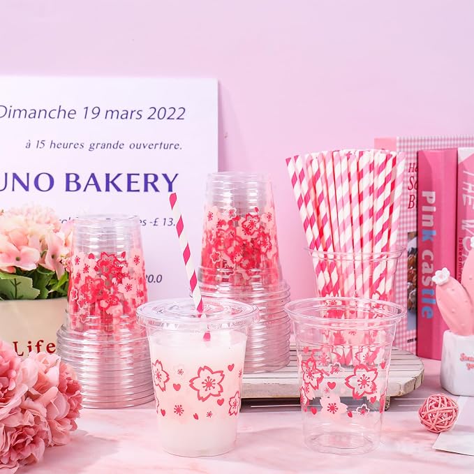 Whaline 50 Pcs Pink Cherry Blossom Plastic Cups with Lids and Straws Heart Sakura Clear Plastic Cups 12 Oz Disposable Cup for Spring Wedding Birthday Party Supplies