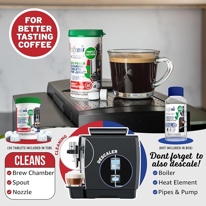 Caffenu Jura Compatible Cleaning Tablets. 30 Tablets Cleaning. Coffee Cleaning Tablets - Cleans Internal Parts, Portafilter, Inaccessible Areas. Use On All Home & Pro Jura Coffee Machines.