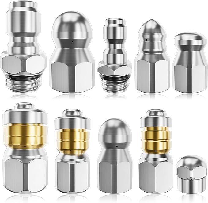 Jetter Heads Kit (Pack of 10) Jetter Nozzle Kit Rotating Button Drain Cleaning Nozzle Tips for Pressure Washer Sewer Jetter Kit Stainless Steel Pressure 5000 PSI