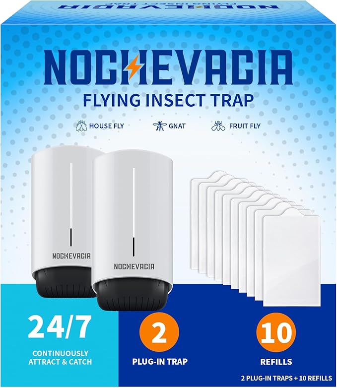2 Plug-in Flying Insect Traps & 10 Refills, Effective Fly Trap for Indoor Use, Small Bug Catcher with Purple Light for Fruit Flies, Gnats, Moths and Mosquitoes