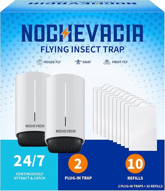 2 Plug-in Flying Insect Traps & 10 Refills, Effective Fly Trap for Indoor Use, Small Bug Catcher with Purple Light for Fruit Flies, Gnats, Moths and Mosquitoes