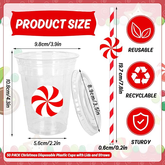 Whaline 50 Pcs 12 Oz Christmas Disposable Plastic Cups with Lids and Straws Red Peppermint Candy Cold Beverage Drinking Cups for Winter Xmas Birthday Party Supplies