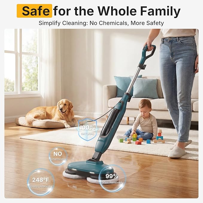 NEWBULIG Steam Mop, All-in-One Steam Mops for Floor Cleaning with Rapid Re-heat, Self-Standing Floor Steamer, 4 Rotating Scrub Pads, 2 LED Headlights, for Hardwood Floors & Tile