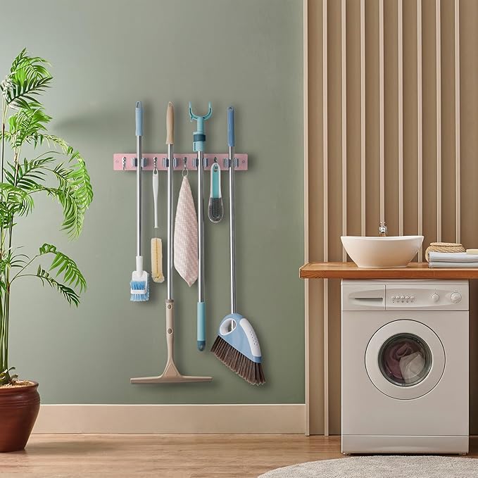 OUTNILI Pink Mop Broom Holder Wall Mount with 4 Slots & 4 Hooks - Wood Broom Mop Hanger for Pantry Closet Laundry Room Kitchen Organization - for Pink Kitchen Decor and Accessories