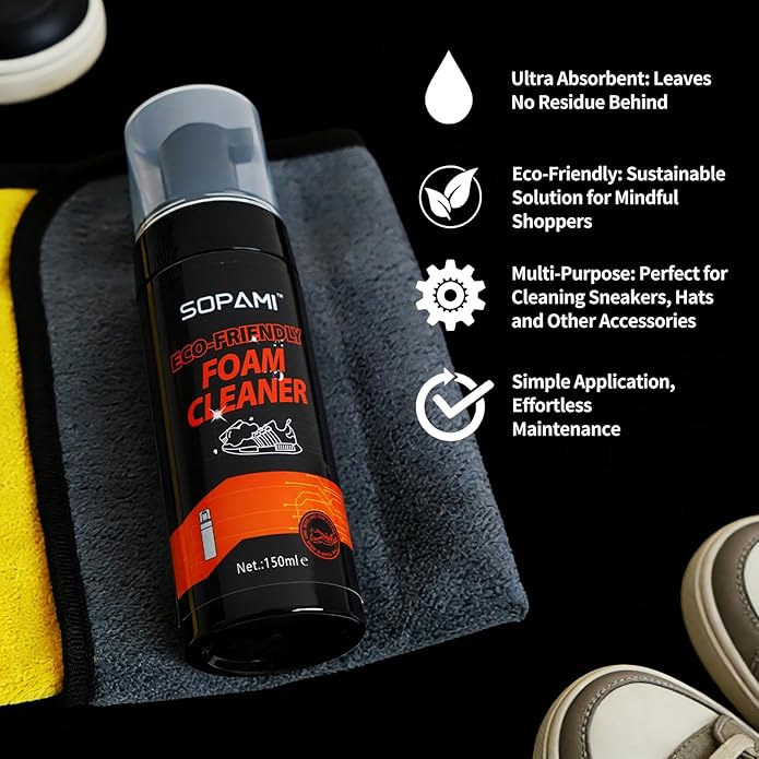 SOPAMI Shoe Cleaning Kit – Premium Foam Shoe Cleaner with Soft & Stiff Bristle Brushes and Microfiber Towels – Shoe Cleaner for Gym Tennis Sneakers, White Shoes, Leather, Mesh, Knit, Canvas & Nubuck