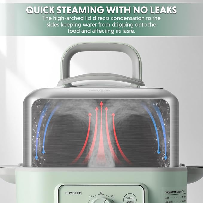 BUYDEEM G52 10.6 Quart 2-Tier Electric Food Steamer for 1-4 Servings, Vegetable Steamer for Cooking, 2-hour Keep Warm, 7 Preset Timings, Dual Boil-Dry Protection, Stainless Steel, Cozy Greenish