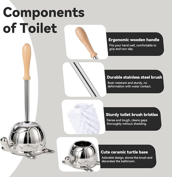 Toilet Brush and Holder Set, Ceramic Turtle Base Toilet Brush Set - 7.5” Bowl Cleaner, Toilet Scrubber Brush with Ergonomic Handle (Silver)