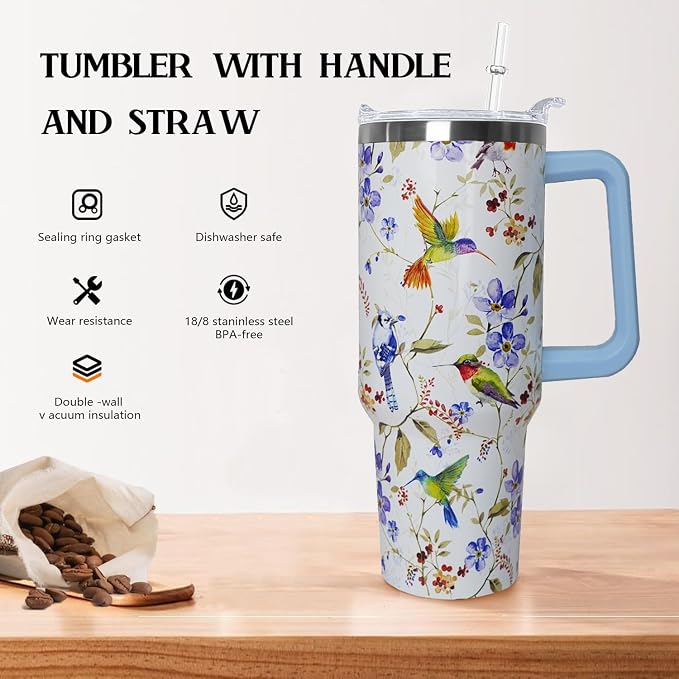 Ceovfoi 40 oz Hummingbird Tumbler with Handle Lid and Straw,Hummingbird Stainless Steel Coffee Tumbler Mug Cup Watter Botter,Bird Gifts for Bird Lovers Women, Hummingbird Stuff/Accessories