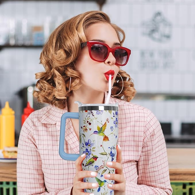 Ceovfoi 40 oz Hummingbird Tumbler with Handle Lid and Straw,Hummingbird Stainless Steel Coffee Tumbler Mug Cup Watter Botter,Bird Gifts for Bird Lovers Women, Hummingbird Stuff/Accessories