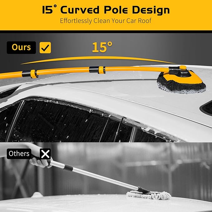 Ordenado 15°Curved Car Wash Brush with Long Handle, 43" Car Cleaning Brush with Extension Pole, Microfiber RV Wash Mop Scratch-Free, Exterior Washer Mop for Washing Roof Truck Camper SUV Caravan Boat