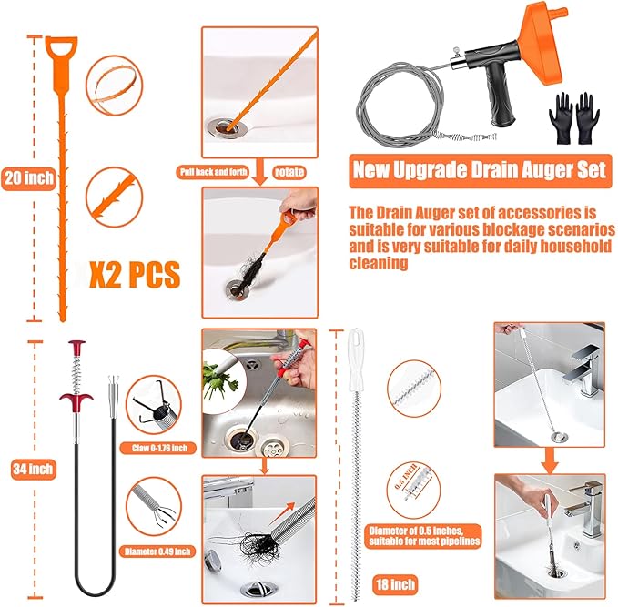 Drain Snake Auger, 33 Feet Plumbing Snake Drain Hair Clog Removal Tool, Sink Unclogger Drain, Heavy Duty Toilet Snake Auger, Cleaner Tool for Bathroom Kitchen Tub Shower Drain Clog Remover with Gloves