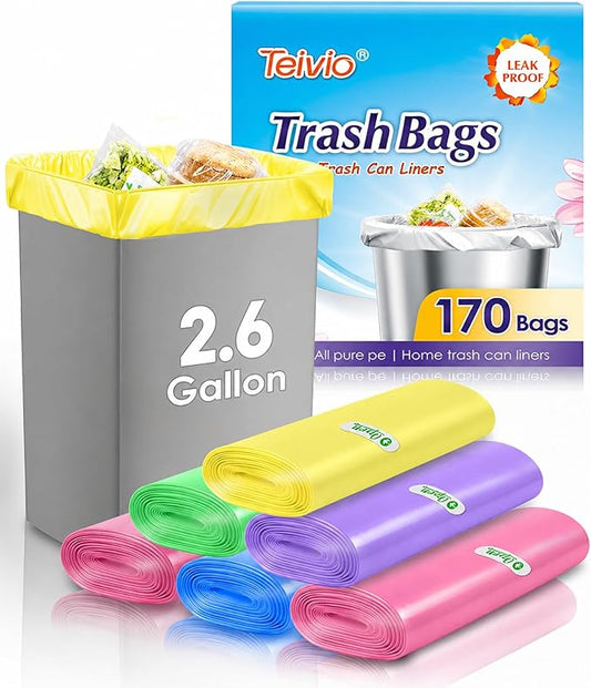 Small Trash Bags 2.6 Gallon 170 Count Strong Trash Bags Colorful Small Garbage Bags, Trash Can Liners for Bathroom Home Office Kitchen Bedroom, fit 5-10 Liter, 1,1.2,1.6,2,2.6,3 Gal,Multicolor