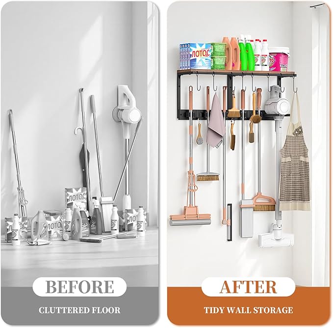 Wall Mounted Broom Holder & Utility Rack | Heavy-Duty Tool Organizer for Garage, Laundry Room & Kitchen | Space-Saving Storage with Shelf for Cleaning Supplies, Vacuums & Tools
